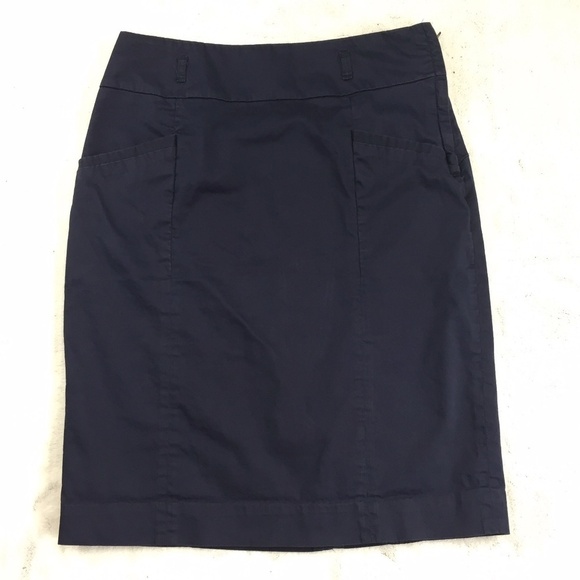 H&M Navy Pencil Skirt Womens 8 Side Zipper Pockets Lined Back Slit Cotton Blend - Picture 1 of 9